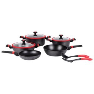 BATERIA DE 10 PIEZAS MARMOL NEGRO TAPA DE SILICON